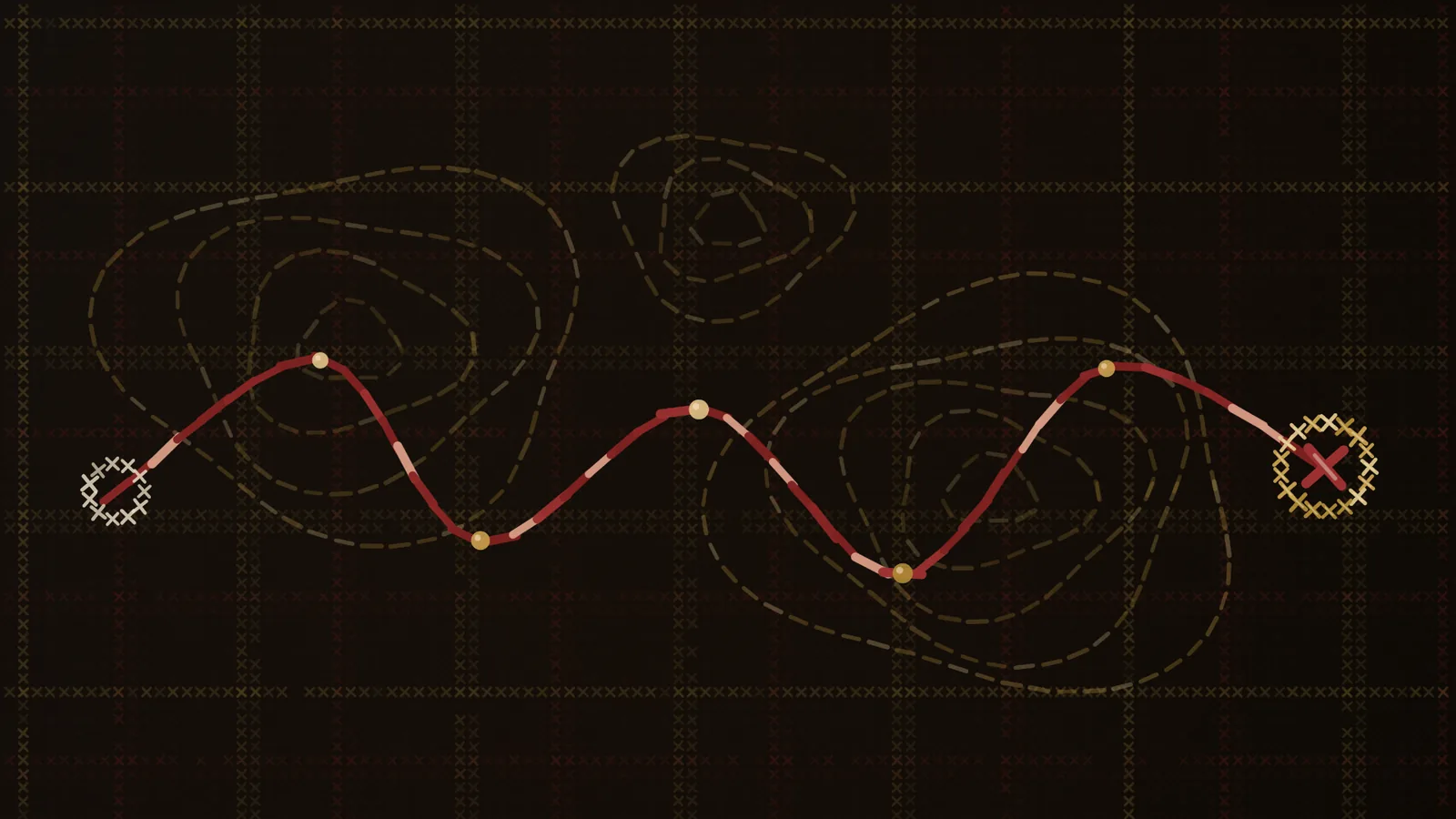 A route embroidered across a stitched fabric landscape, like a map sewn into cloth, in a warm gold and maroon palette.