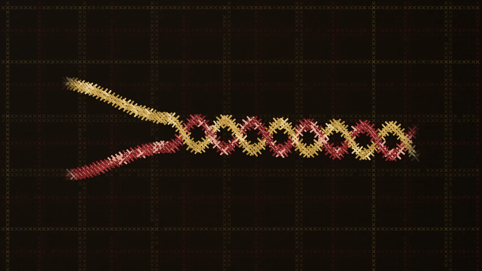 Two coloured embroidery threads weaving together into a single braided strand, in a warm gold and deep-red cross-stitch palette.