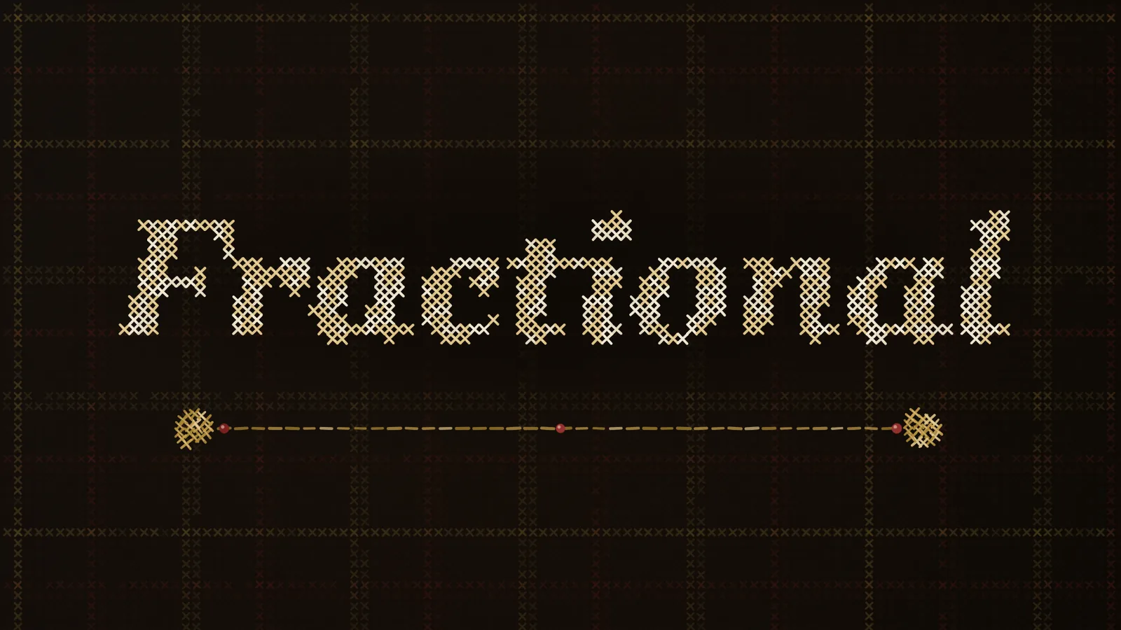 The term 'fractional CMO' embroidered in ornate cross-stitch beneath a diamond flourish, styled as a deliberately overwrought sampler in gold and deep red.