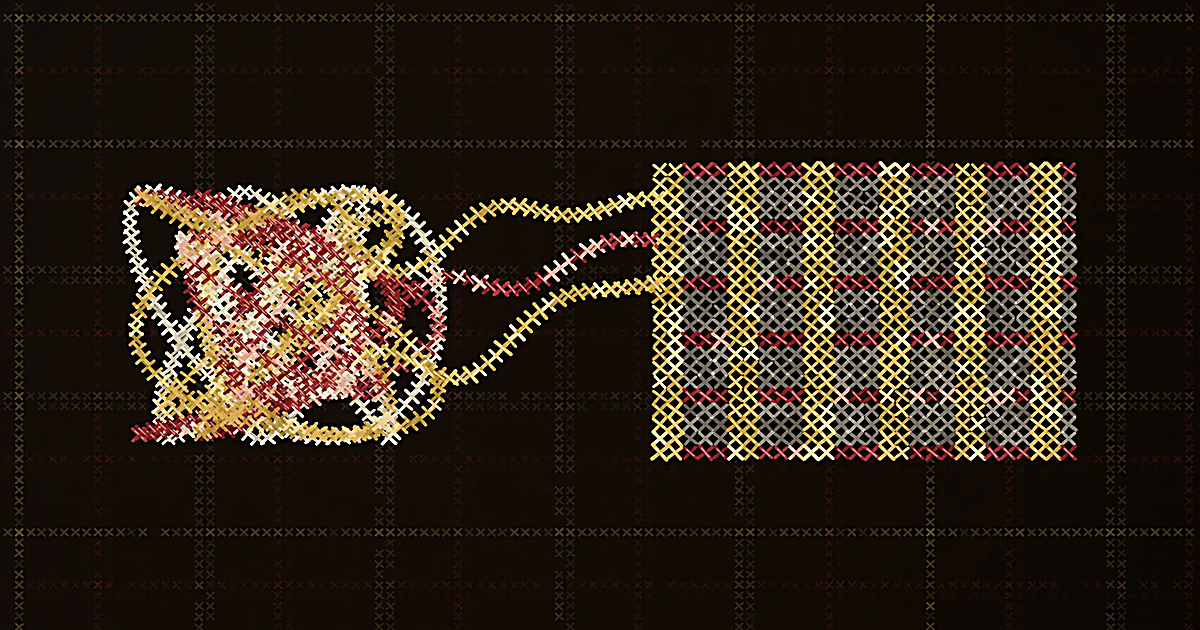 Cross-stitch embroidery showing a knotted plug on one side resolving into a neat, ordered weave on the other, in warm gold, crimson and cream thread on a dark tartan background.